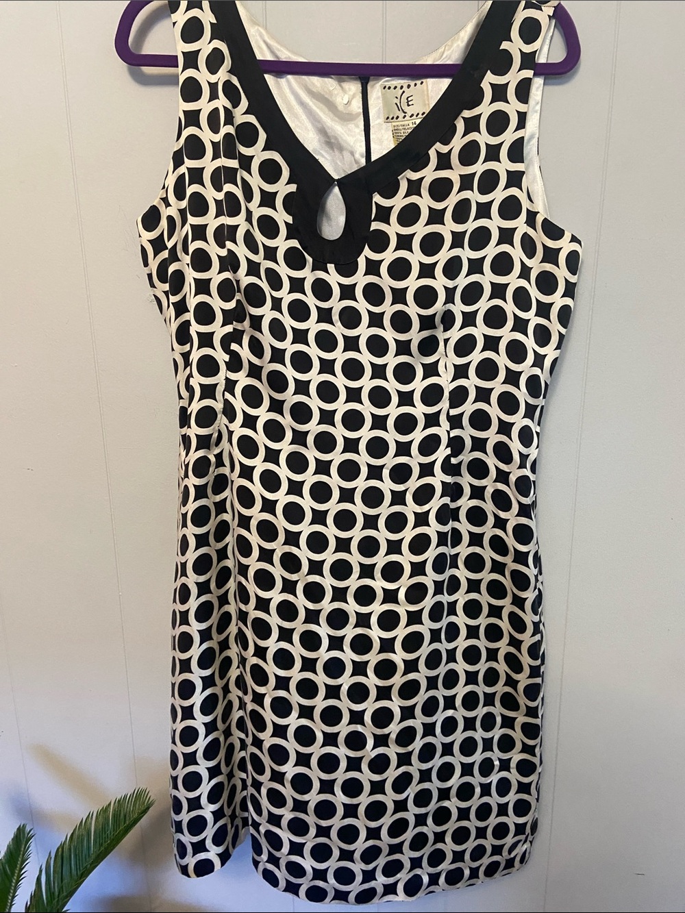 100% silk Ike vintage Black and White Circle-Print Sleeveless Shift Dress 14
